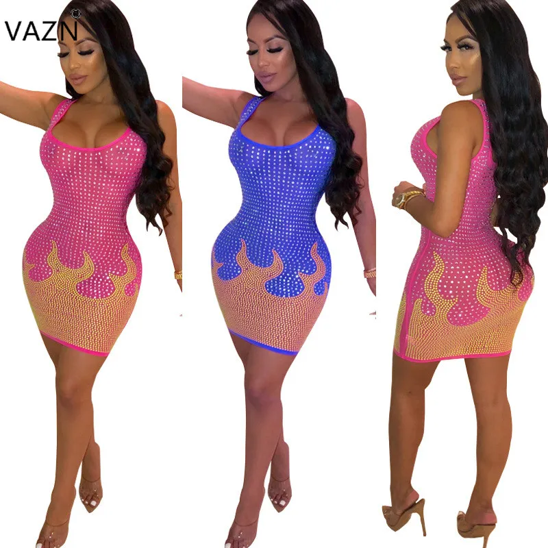 VAZN 2019 summer sexy lady blue rose red mini sheath dress slivers waistcoat patchwort colors club ME2736 | Женская одежда