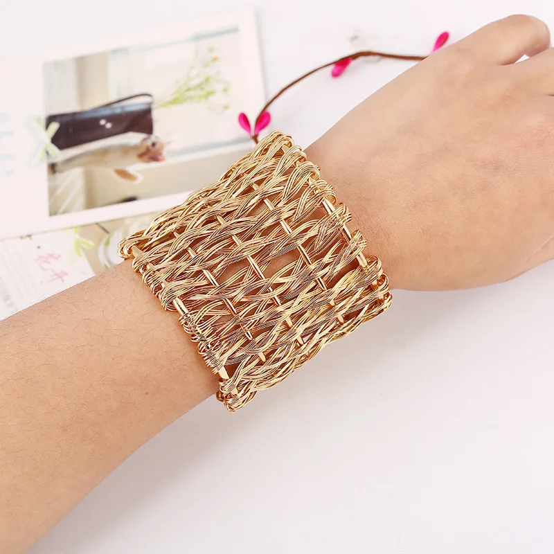 

LZHLQ Metal Weave Twist Bangle Women Opening Adjustable Wide Cuff Bangle Bracelet Trendy Maxi Wristband Accessory Plated Jewelry