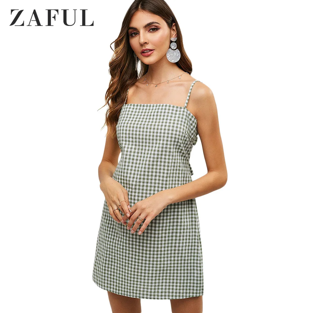 Dark Sea Green ZAFUL Узелок в клетку с молнией Ками Платье Женский галстук в мелкую клетку с вырезом Мини-платья Тонкий с ремешком без рукавов A Линия Платье - Цвет: Dark Sea Green