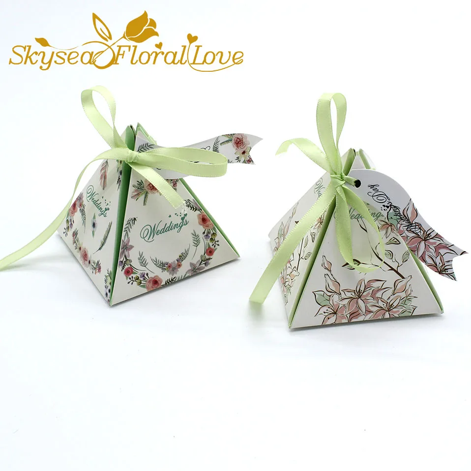green flower vine Свадебная коробка для конфет, Подарочная коробка, Цветочная лента, коробка в виде пирамиды, Подарочная коробка, бумажный пакет, свадебные подарки для гостей, свадебное украшение, 50 шт./лот - Цвет: green flower vine