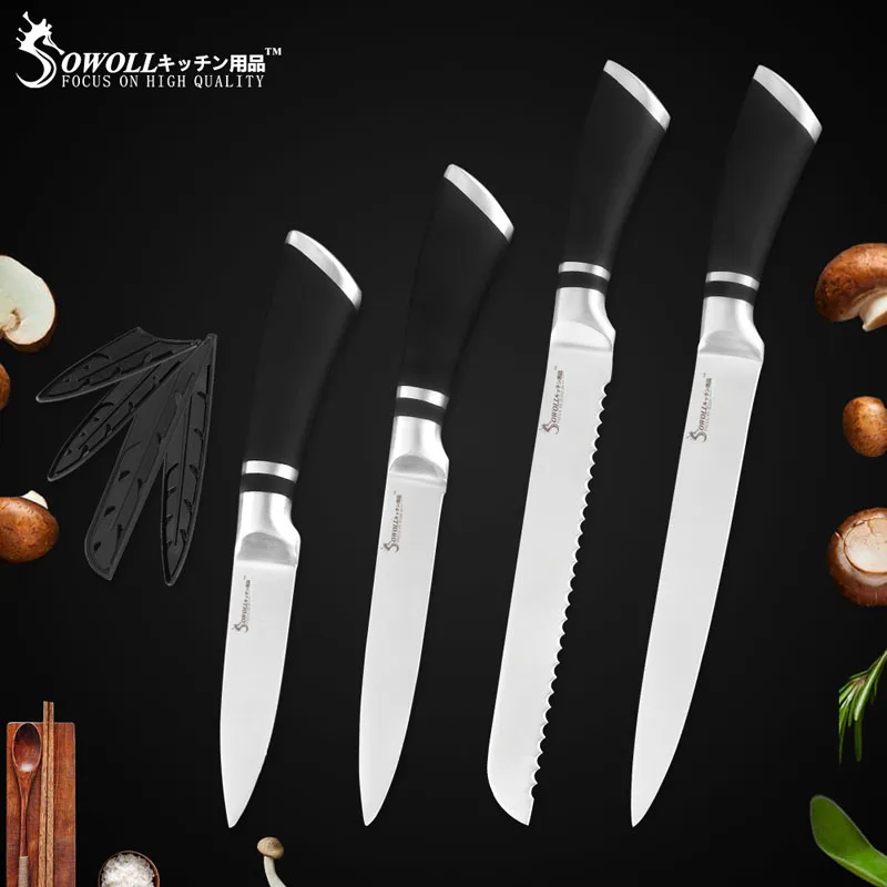 4 Pcs Knives Set B Набор кухонных ножей Sowoll, 6 шт., хорошее качество, экономичный набор ножей из нержавеющей стали, нож для нарезки хлеба, нож для фруктов Santoku - Цвет: 4 Pcs Knives Set B