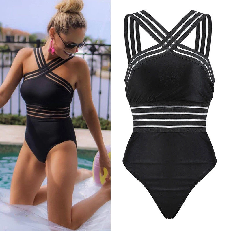 

2019 Sexy One Piece Swimsuit Women High Neck Bandage Cross Back Neck Monokini Black Swimwear Women Bathing Suit Swimming Suit