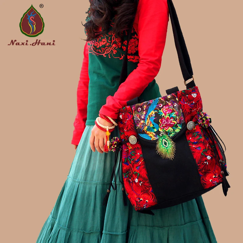 Bohemia canvas women bag handmade peacock feathers embroidered Ethnic bags Vintage shoulder messenger bags