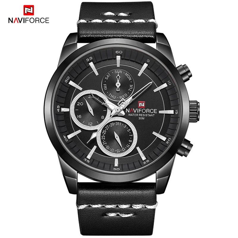 Мужские спортивные часы NAVIFORCE, Роскошные, брендовые, новые, кварцевые, с датой недели, 3 бар, водонепроницаемые, кожаные, мужские часы NAVI FORCE, черные, синие, золотые - Цвет: Black