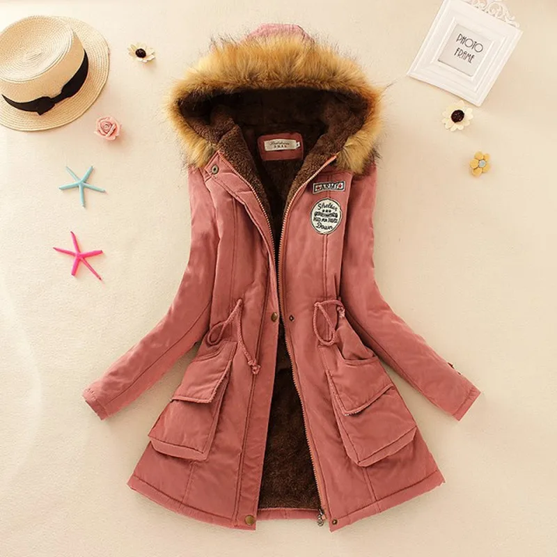 

Women's Coats New Winter Solid Color Basic Jacket Thick Warm Coat Hooded Fur Collar Waist Clothing Casual Women Jacket Lady