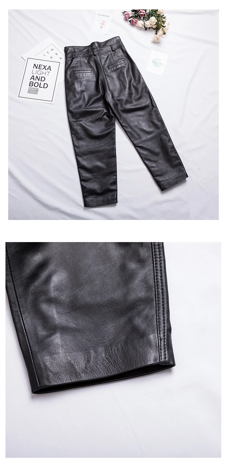 Women Ankle-Length Pants Genuine Sheep Leather Fashion Natural Genuine Sheep Leather Crop Jeans Harem Pants