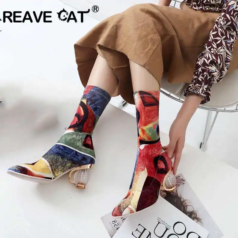 

REAVE CAT Winter Shoes women Pointed toe Mis calf Boots Pu Slip on Botas feminino mujer High heel Boots Print big size A1363