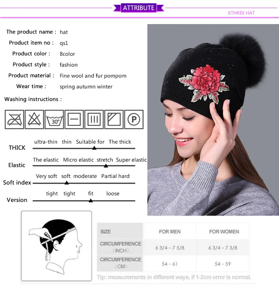Xthree женская зимняя шапка, Модная вязаная шапка с вышивкой, шапка для женщин, натуральный Лисий мех, помпон, шерстяная шапка Skullie, шапка для девочек gorro