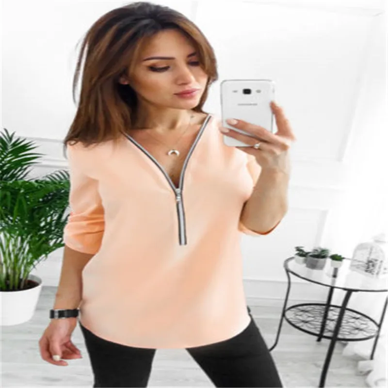 

MeiHuiDa 2018 New Style Fashion Women's Ladies Summer Loose Tops Long Sleeve Solid Zipper Casual Blouse