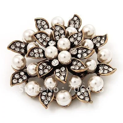 Античная Медная покрытая прозрачная брошь с кристаллами и кремом жемчугом