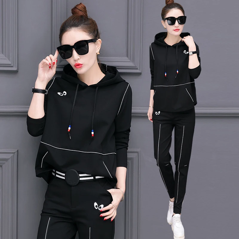 Black Комплект из двух предметов, топ и штаны, женская модная одежда, осенняя мода, спортивный костюм, корейский стиль, Новое поступление, зима - Цвет: Black
