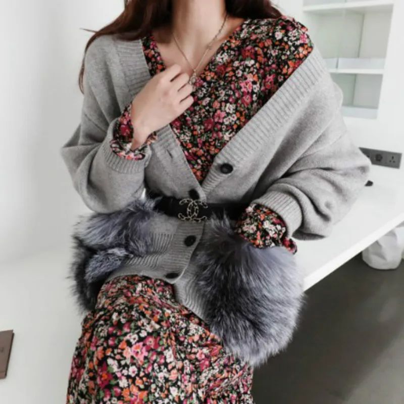 Elegant Autumn Winter Women's Faux Fur Double Pockets V-neck Knitted Cardigan Single-breasted Sweater Coat Long Sleeve OL Tops |