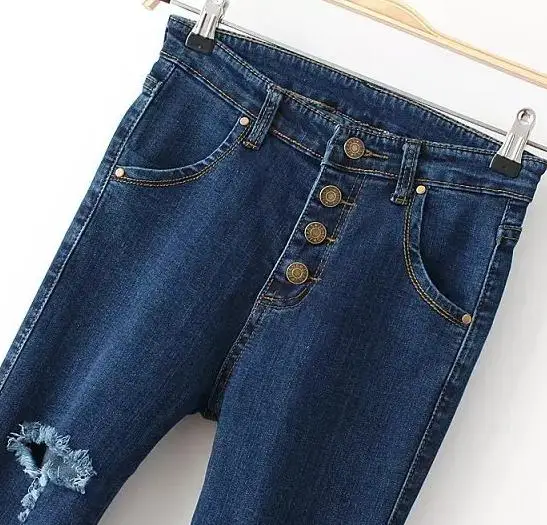 woman jeans 2014 new Slim A-breasted women skinny ripped pencil pants denim trousers |