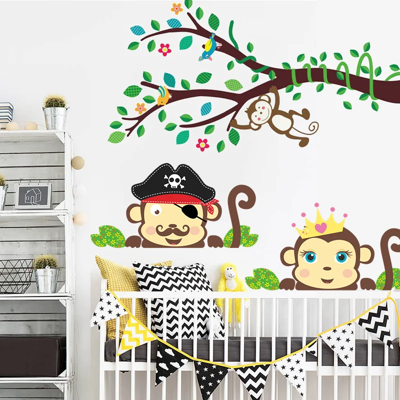 

Forest Jungle Monkey Tree Animlas Wall Stickers For Kids Baby Nursery Home Decor Cartoon Wall Decals Pvc Mural Art Diy Poster