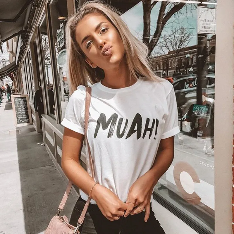 RUGOD новейшая Хлопковая женская рубашка с забавными буквами MUAH летняя белая блузка с рукавами в рулоне Harajuku повседневные женские топы - Цвет: Белый