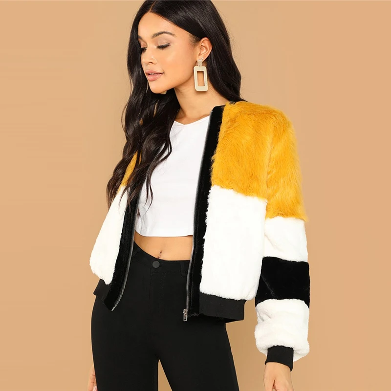 Dotfashion пальто из искусственного меха на молнии с цветными блоками, женские повседневные зимние пальто для женщин, модная одежда с длинным рукавом, верхняя одежда