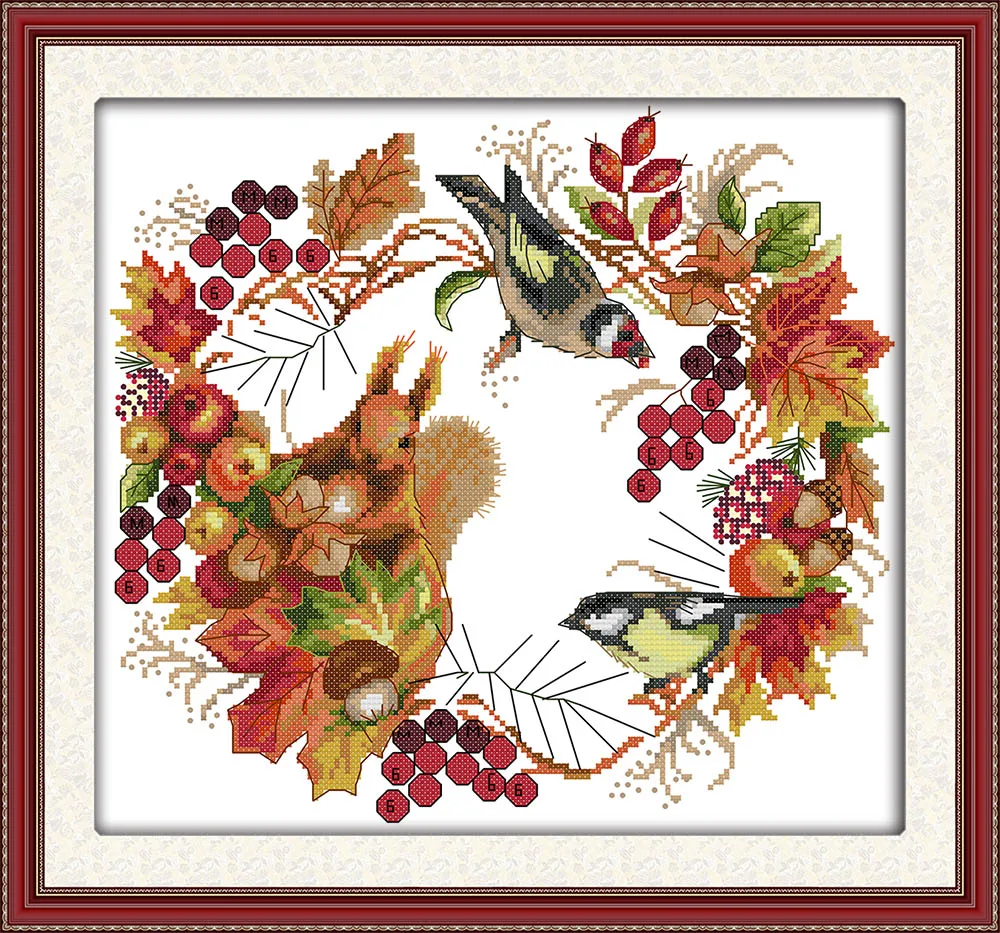 

Joy wreath Cross Stitch cartoon animal bird autumn fruit DMC colour 11ct 14ct 18ct Set DIY Cotton Kit Embroidery Needlework