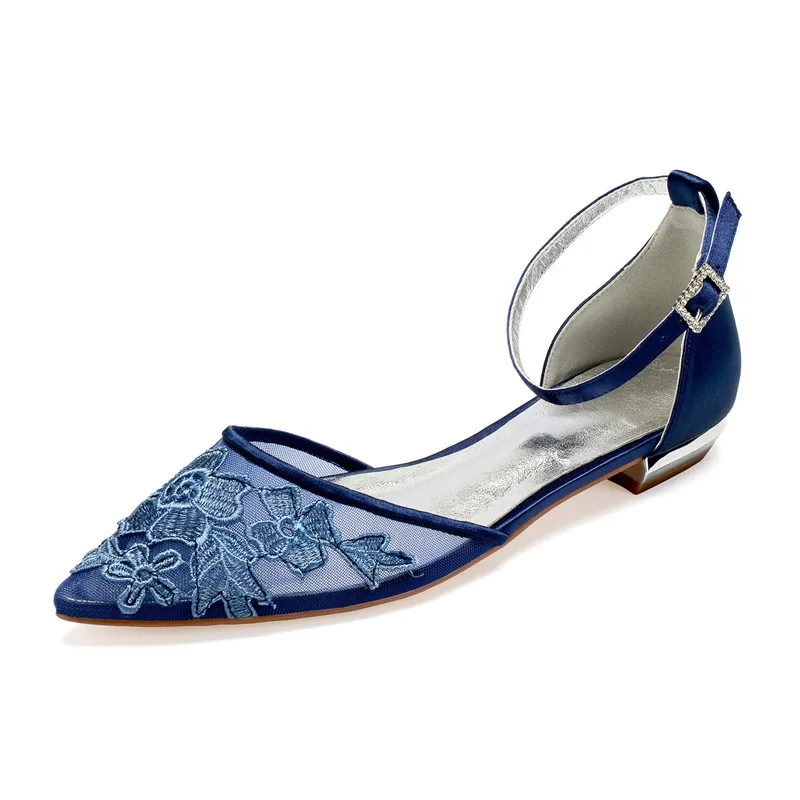 Navy Blue 1 OnnPnnQ/удобные свадебные туфли на плоской подошве с аппликацией для невесты, с острым носком, с ремешком на лодыжке, Свадебные вечерние модельные туфли на плоской подошве - Цвет: Navy Blue 1