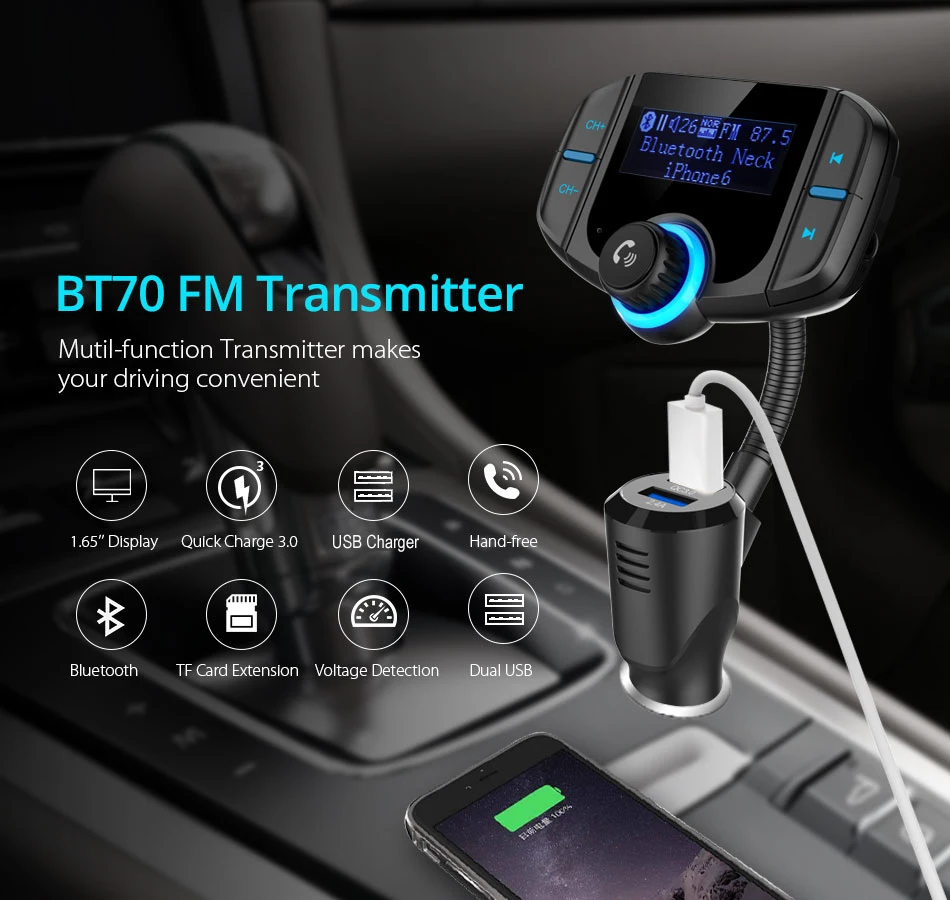 JINSERTA BT70 автомобильный Bluetooth fm-передатчик модулятор передатчик двойной USB зарядное устройство QC3.0 Громкая связь аудио MP3 музыкальный плеер для автомобиля