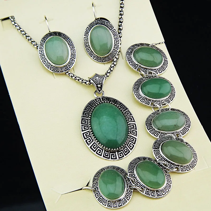 Jade 3 шт., античное серебро, большой овальный натуральный тигровый камень, серьги, браслет, ожерелье, Женский винтажный ювелирный набор, A-697 - Окраска металла: Jade
