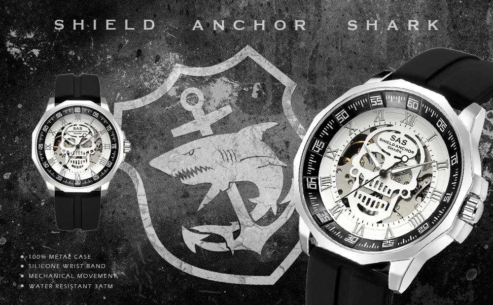 SAS Shield Anchor часы с акулой Мужские механические часы с черепом и скелетом наручные часы relogio masculino