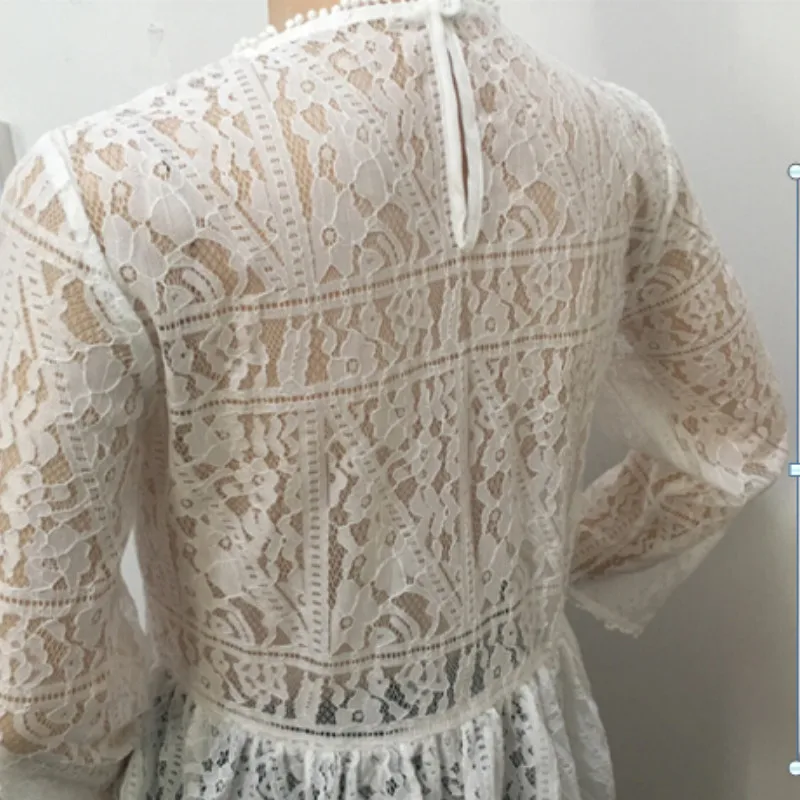 

White Lace Blouse Tops Womens Summer Ruffle Hollow Out O Neck Tops Lace Long Sleeve Blouse Shirts 2019 Tassel Slim