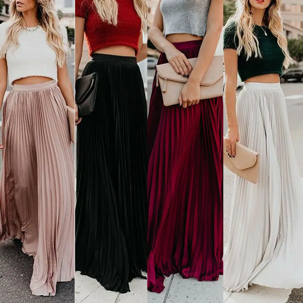 

Women Boho Chiffon Long Maxi Dress Lady Beach Dresses Pleated Sundress Skirt
