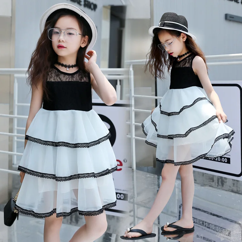 summer lace chiffon dress for 3 - 12 yrs baby girls kids children black white Layered cupcake dresses little beach clothes | Детская