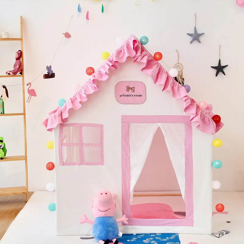 Preise Rosa Mädchen Prinzessin Zelt Baumwolle Solide Holz Spielen Spiel Haus Spitze Prinzessin Schloss Zelt Haus Für Kinder Prinzessin Party Dekorationen