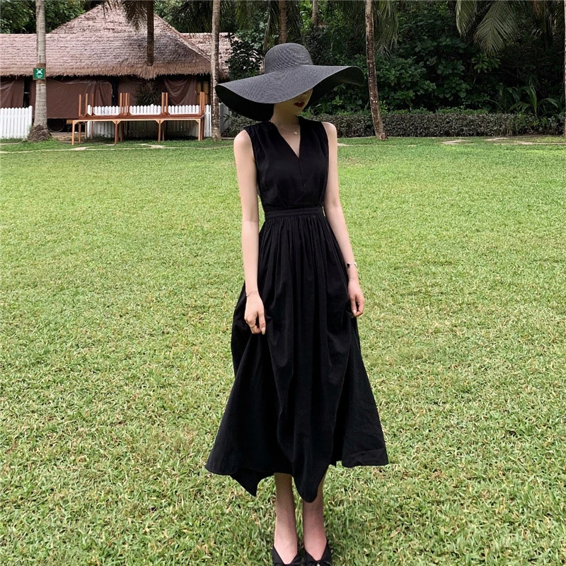 Женское винтажное платье-трапеция элегантное однотонное черное платье до