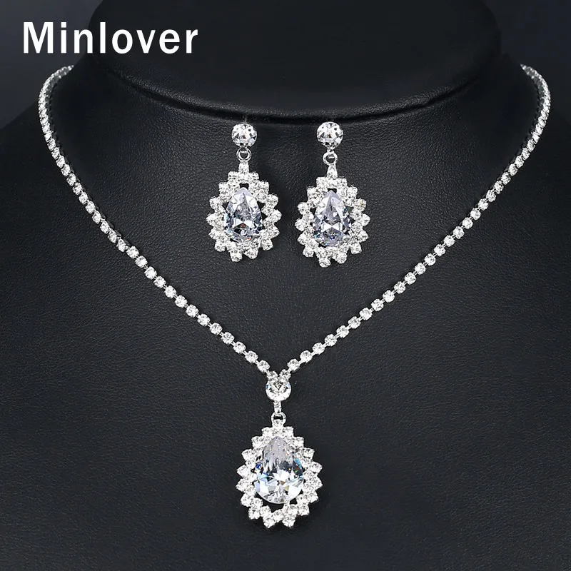 Minlover серебряный цвет кубического циркония слеза Свадебные Ювелирные наборы для женщин Свадебные капли воды ожерелье и серьги набор MTL591