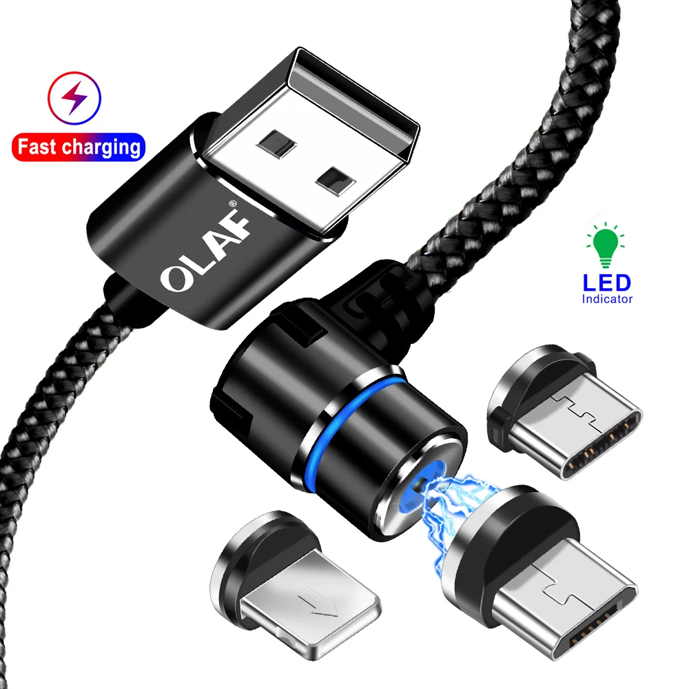 OLAF светодиодный магнитный кабель USB 90 градусов для iPhone XS samsung S9 Xiaomi huawei Быстрая зарядка Магнитный Micro usb type c кабель usbc