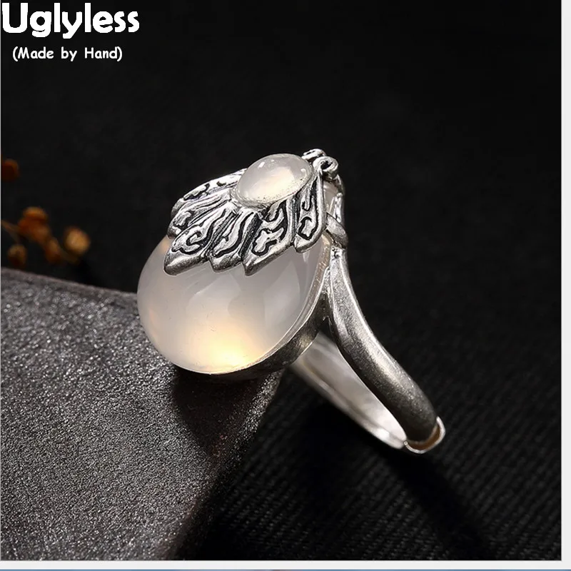 

Uglyless Real 990 Fine Silver Nature Chalcedony Opening Rings Women Palace Designer Handmade Finger Ring Waterdrop Ethnic Bijoux
