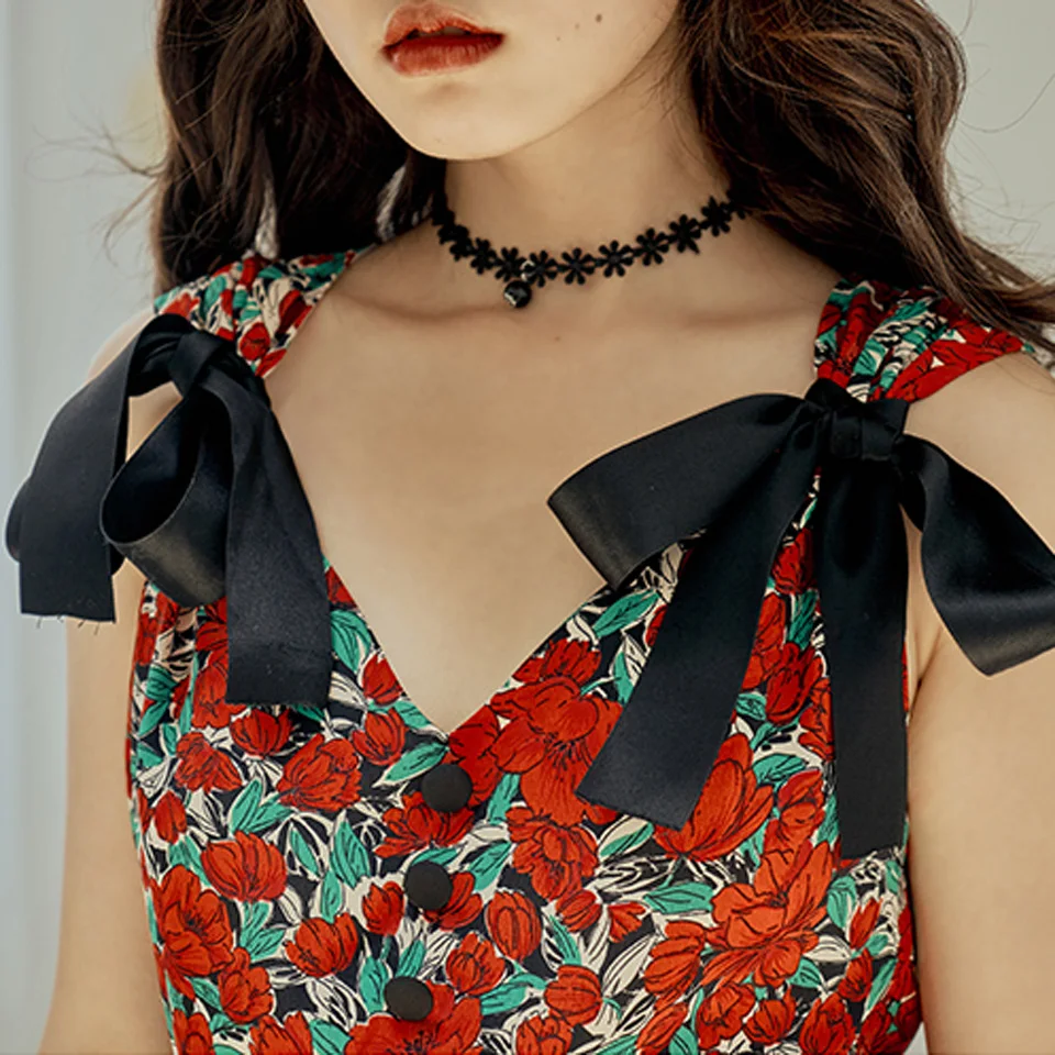 

Floral Vintage Dress 2019 Sleeveless Small Sexy V-Neck High Waist Decorative Button Bow Leisurely Vacation Party Dress Women