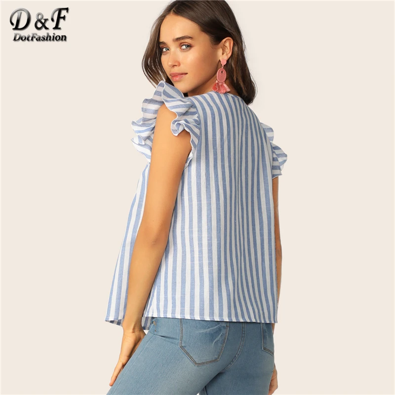 Dotfashion женская блузка с v-образным вырезом и рюшами, пройма с цветочной вышивкой, летний топ, модные блузки для женщин, топы в синюю полоску