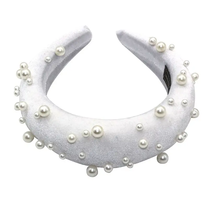 Белый Минималистичная Толстая губчатая повязка на голову женская бархатная одноцветная широкая повязка для волос обруч ювелирные изделия неправильная имитация жемчужных бусин головной убор для вечеринок - Цвет: Белый
