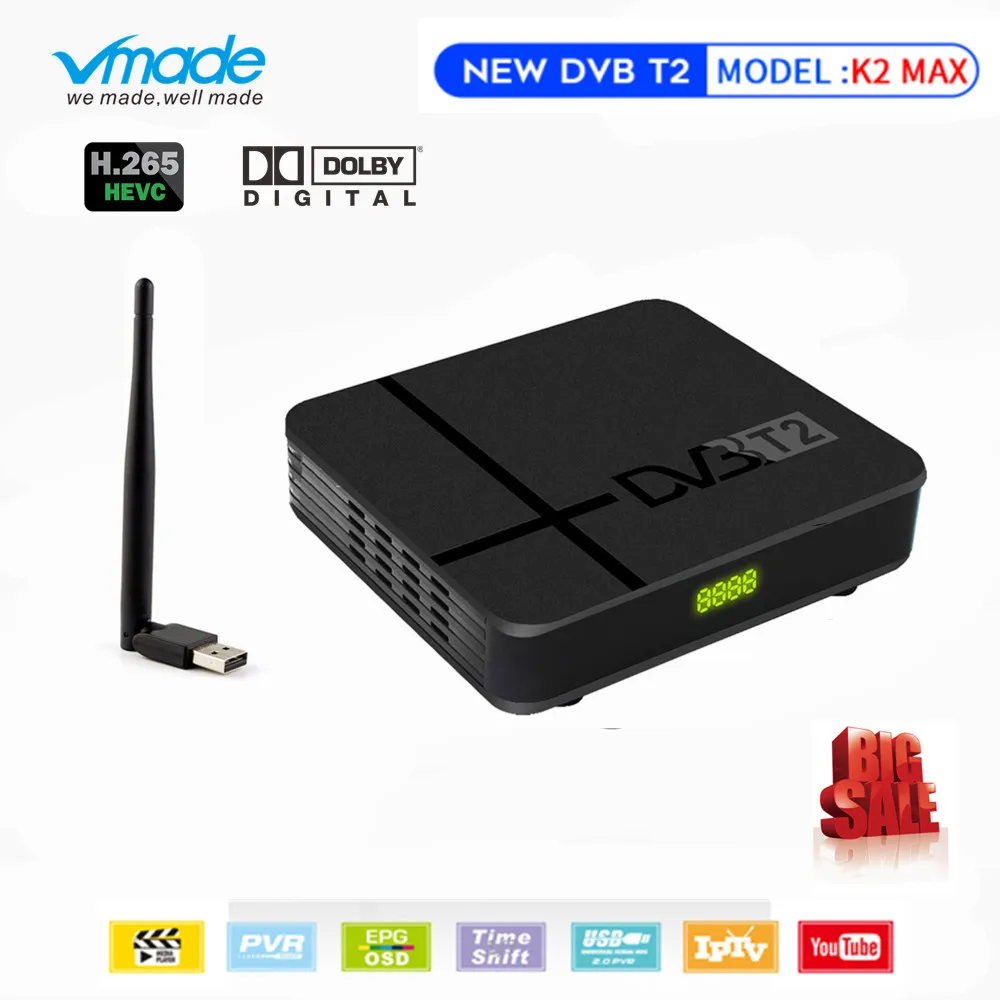 Vmade новейший встроенный RJ45 LAN DVB-T2 K2 MAX наземный ТВ-тюнер H.265 HD 1080p поддержка YouTube PVR DVB T2 ТВ-приемник+ USB wifi