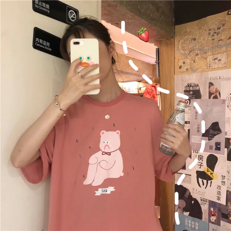 Женские футболки Kawaii, трендовые, элегантные, подходят ко всему, высокое качество, корейский стиль, свободные, милые, для досуга, на каждый день, женские, милые, простые