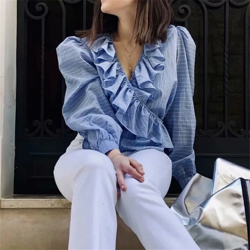 

Women stylish striped bule blouse ruffled V neck long sleeve female 2019 summer sweet wear top blusas
