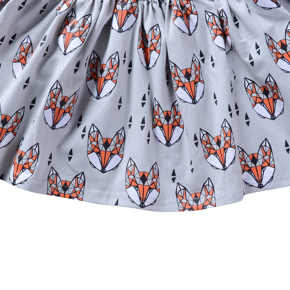 Little Girls Dresses Kleding Meisje Animal Fox Printing Ruched Grey Dress Casual Kids Clothes | Детская одежда и обувь