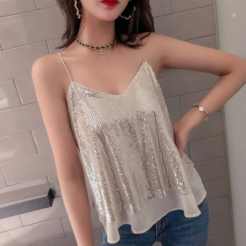 Золотой Сексуальная Женская майка, расшитая блестками, Camisoles Paillette Tee, Женская майка, жилет на тонких бретельках, Клубная одежда, женские летние майки, блузка - Цвет: Золотой