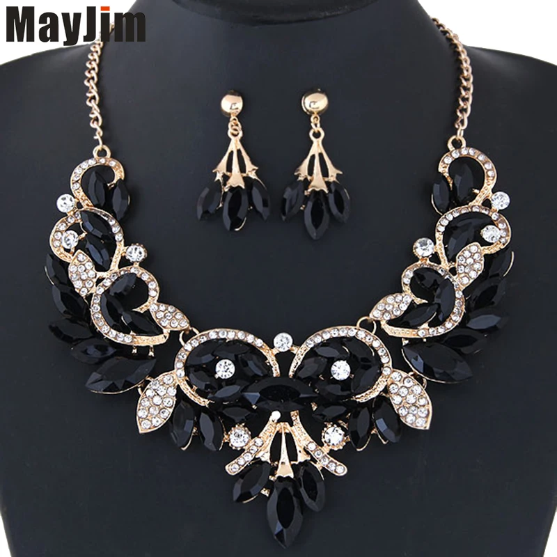 MayJim Fashion long chain Jewelry Sets Geometric Crystal Flower Necklace Earring Women Big brand Wedding Vintage | Украшения и