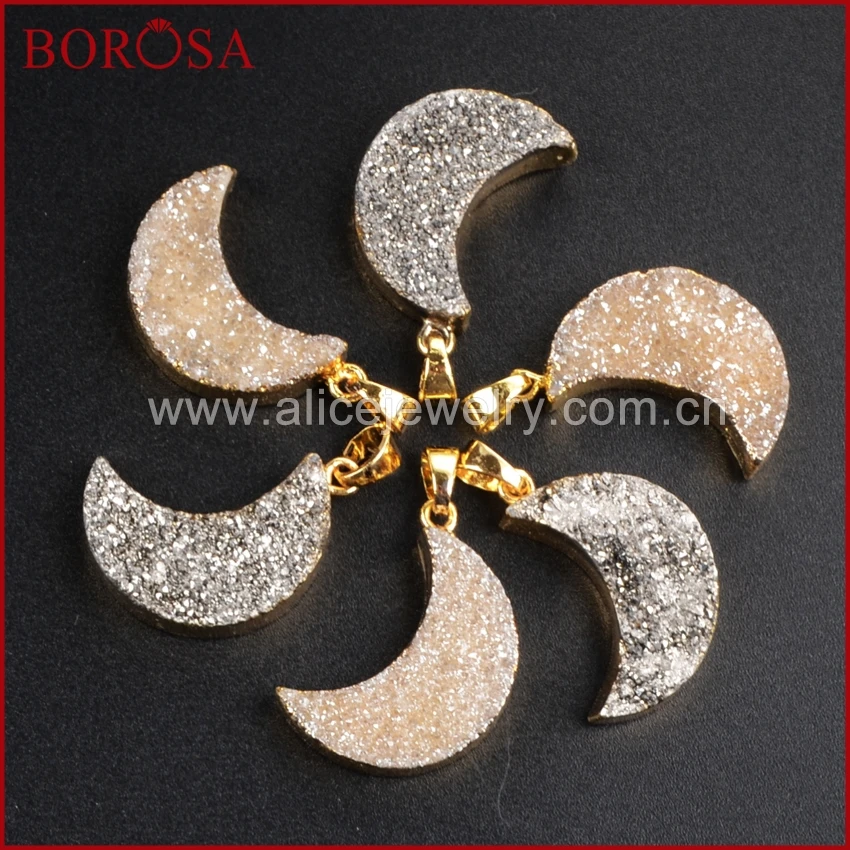 BOROSA 10 шт. Druzy Форму Полумесяца Подвеска Бусины для Ожерелья золотой Цвет