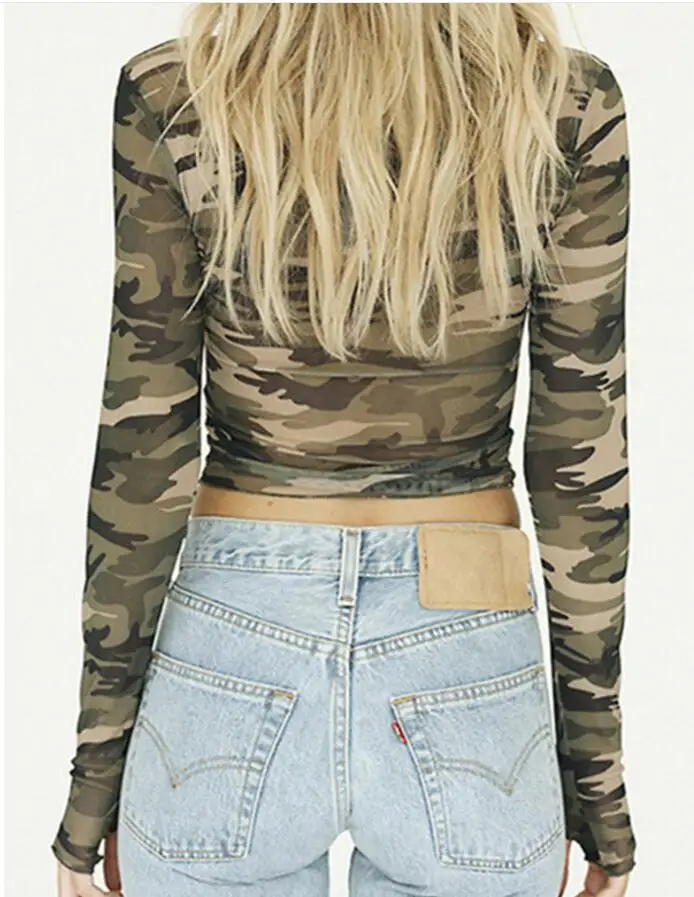 2017 Зимняя Сексуальная камуфляжная перспективная футболка женская с длинным