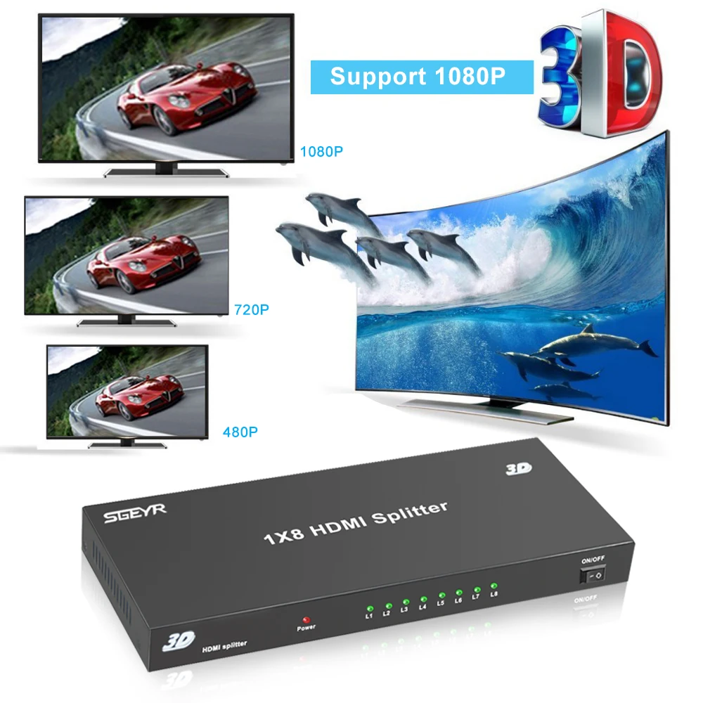 1x8 HDMI разделитель тер 1080P 8 портов разделение видео 1 в выход для Full HD и 3D