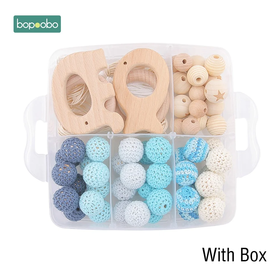 Blue Crochet Set-2 Bopoobo 1Set Baby Teether DIY Silicone Beads Pacifier Clip Chain Baby Mobile Wool ball BPA Free Wooden Crochet Beads Teether - Цвет: Blue Crochet Set-2