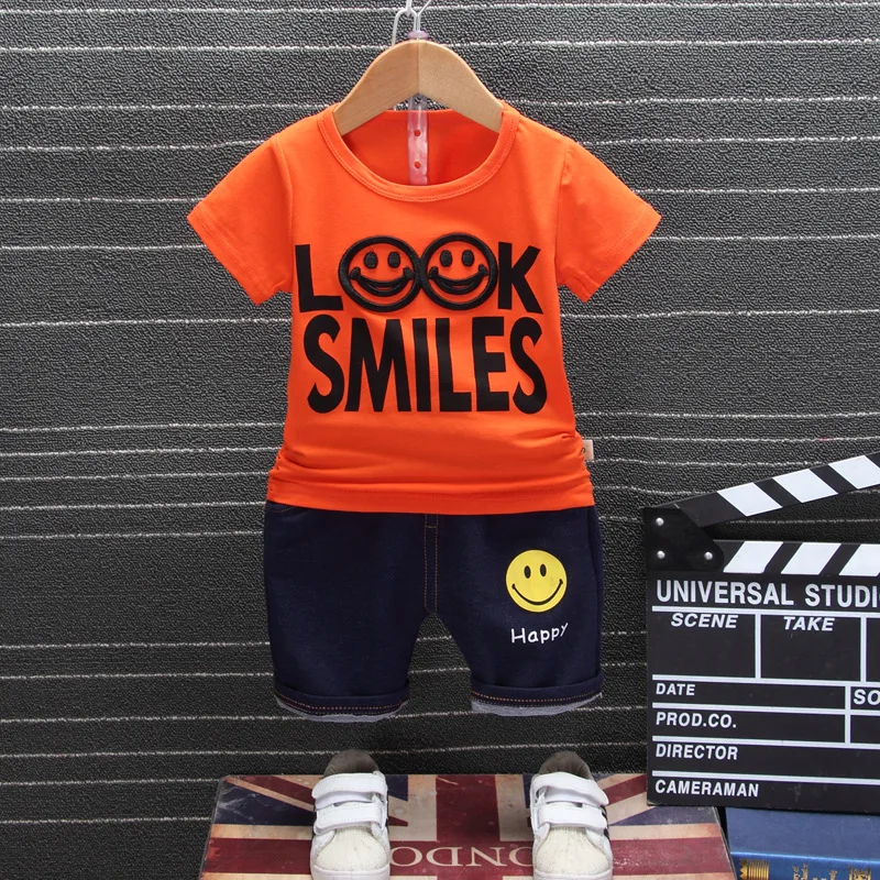 2019 New summer Baby Infants Boys Smile face letter print t-shirt Tops+cartoon shorts 2pcs Clothing Sets | Детская одежда и обувь