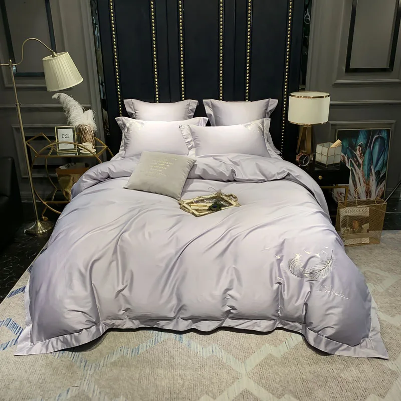 

Queen King size Bedding set Birds Feathers 100% Egyptian Cotton White Gray Duvet Cover Bed sheet Set with Magnificent Embroidery