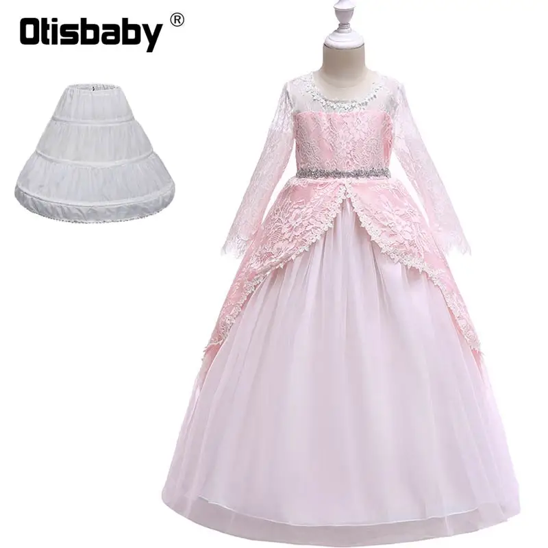 Pink Set Новые детские кружевные свадебные вечерние платья в пол с длинными рукавами и цветочным рисунком для девочек; бальное платье для дня рождения; платье принцессы для церемоний - Цвет: Pink Set
