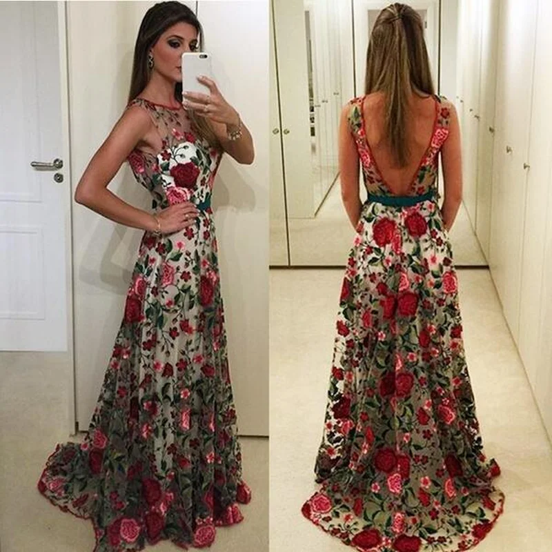 

Fashion Womens Luxury Lady Mesh Flowers Embroidery Sleeveless Tunic Backless Ball Gown Party Evening Maxi Long Dress Holiday